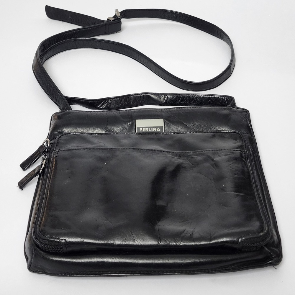 Perlina New York Black Leather Crossbody Bag Multi Pocket Travel Organizer Purse